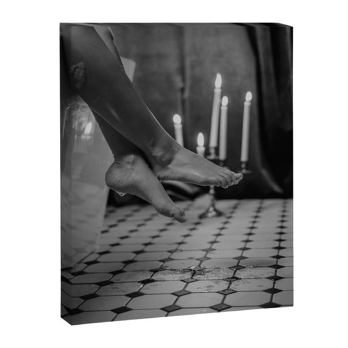 Let it all hang out; female portrait with candles in the bathtub black and white photograph - photography - photographs Canvas Print Gallery Image 1