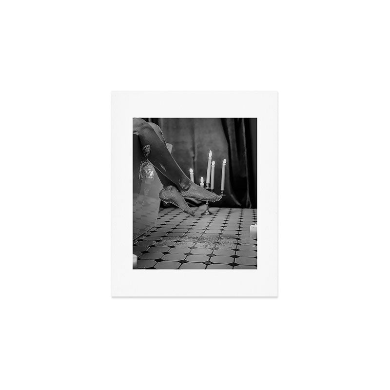 Let it all hang out; female portrait with candles in the bathtub black and white photograph - photography - photographs Art Print Gallery Image 1