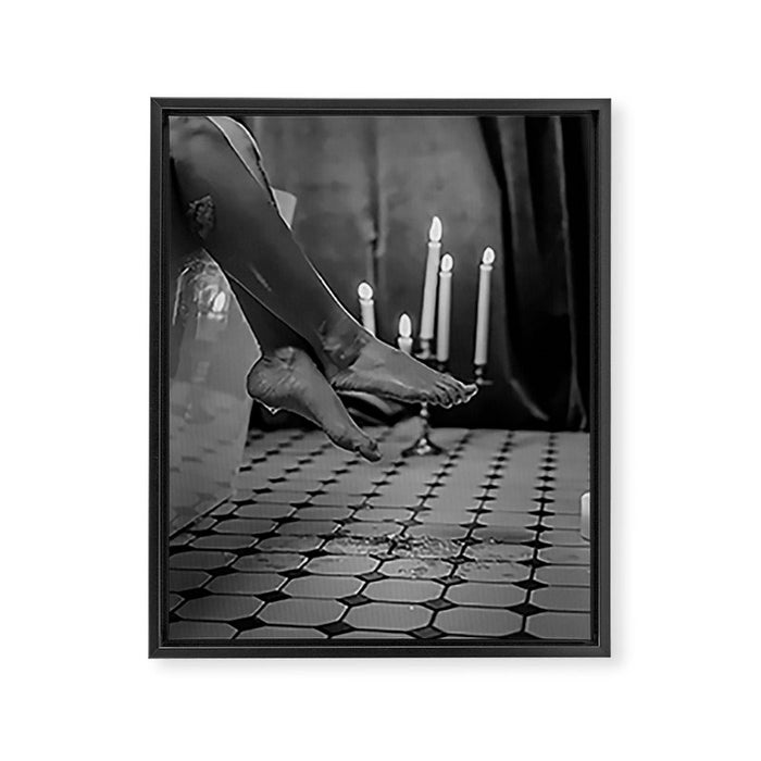 Let it all hang out; female portrait with candles in the bathtub black and white photograph - photography - photographs Framed Canvas Print Gallery Image 1