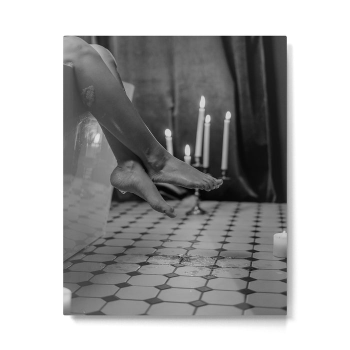 Let it all hang out; female portrait with candles in the bathtub black and white photograph - photography - photographs Metal Print Gallery Image 1