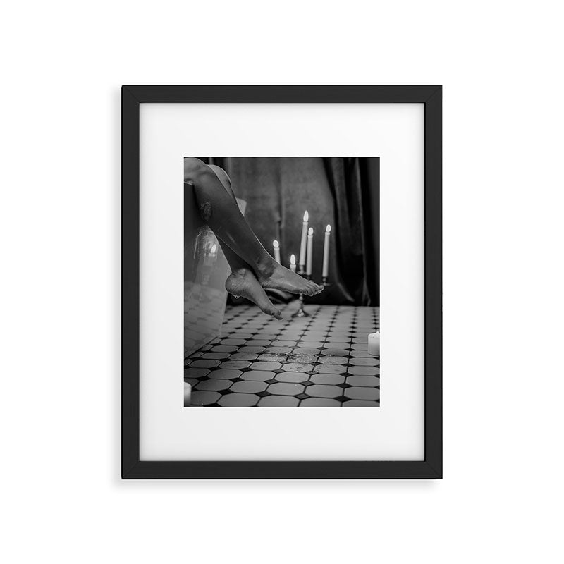 Let it all hang out; female portrait with candles in the bathtub black and white photograph - photography - photographs Framed Art Print Gallery Image 5