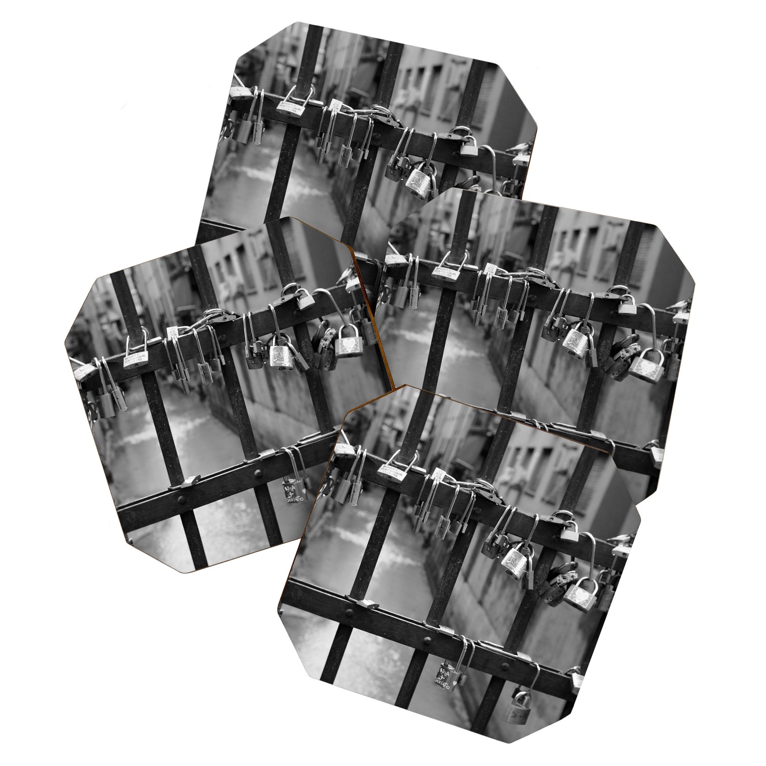Love Locks on Canel Bridge, Bologna, Italy romantic black and white photography / photographs / photograph Coaster Gallery Image 1