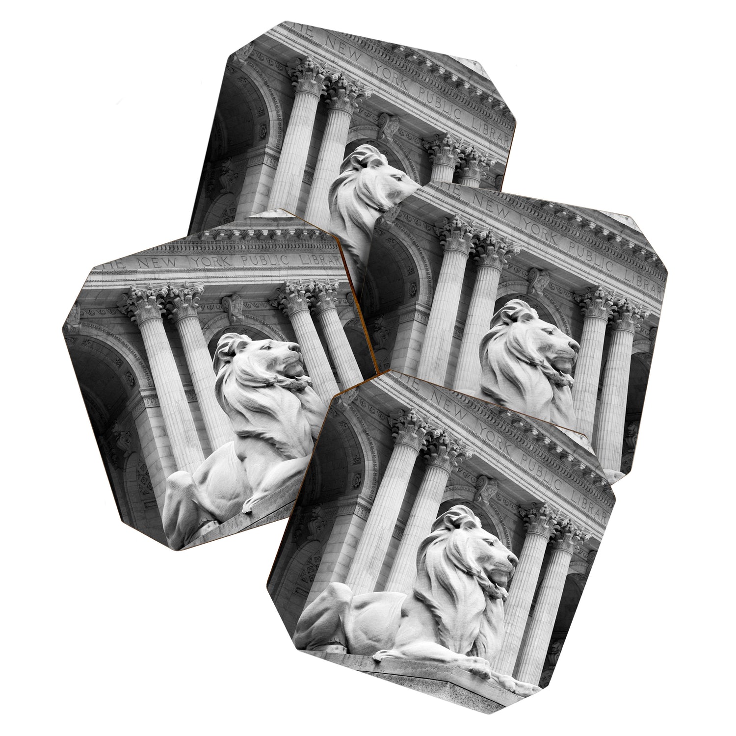 New York Public Library Lion and Facade New York City black and white photograph Coaster Gallery Image 1
