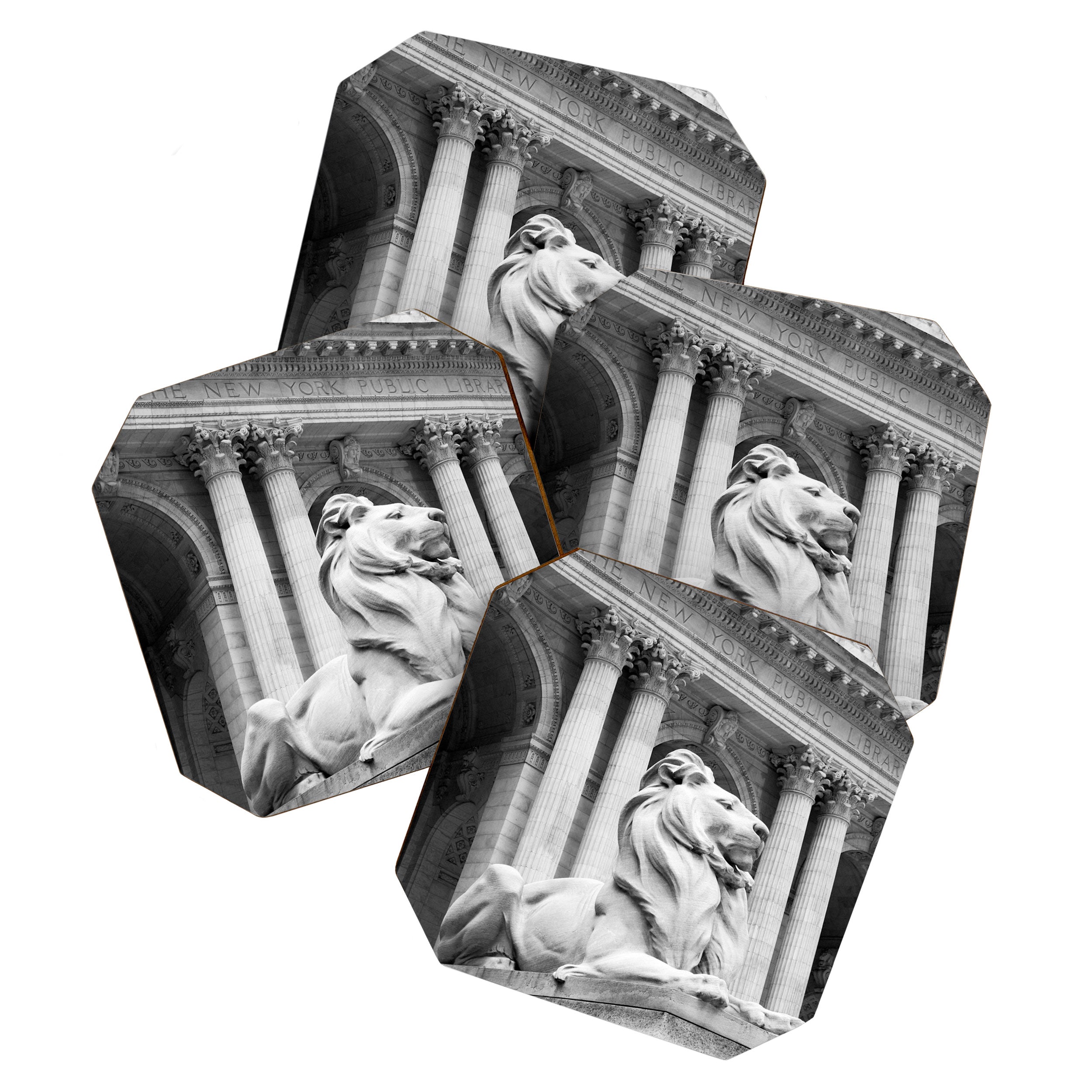 New York Public Library Lion and Facade New York City black and white photograph Coaster Gallery Image 1