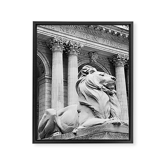 New York Public Library Lion and Facade New York City black and white photograph Framed Canvas Print Gallery Image 1