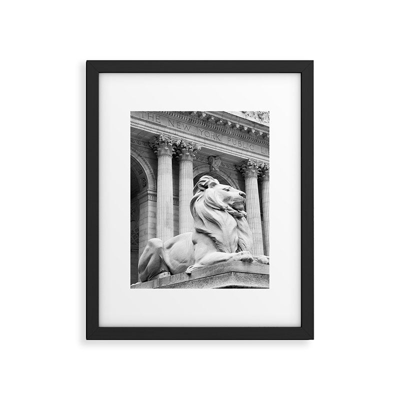 New York Public Library Lion and Facade New York City black and white photograph Framed Art Print Gallery Image 1