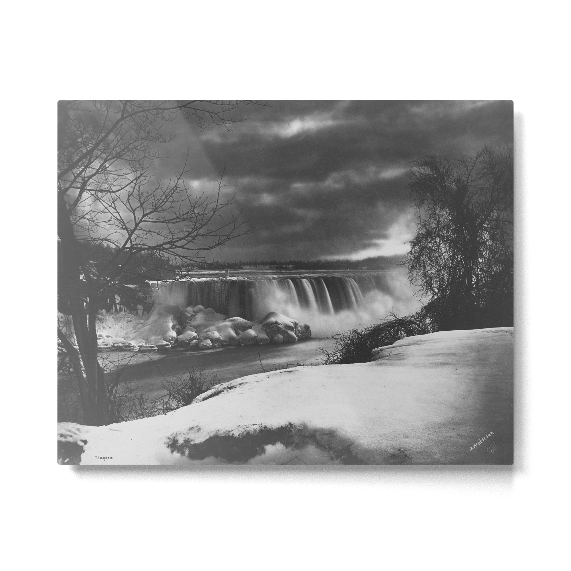 Niagara Falls, dark winter night after snowfall black and white photograph  by Alexander Henderson Metal Print Gallery Image 4