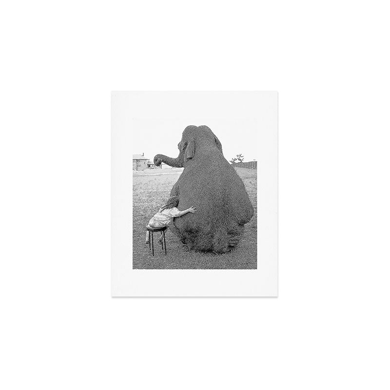 Odd Best Friends, Sweet Little Girl hugging elephant black and white photograph Art Print Gallery Image 1