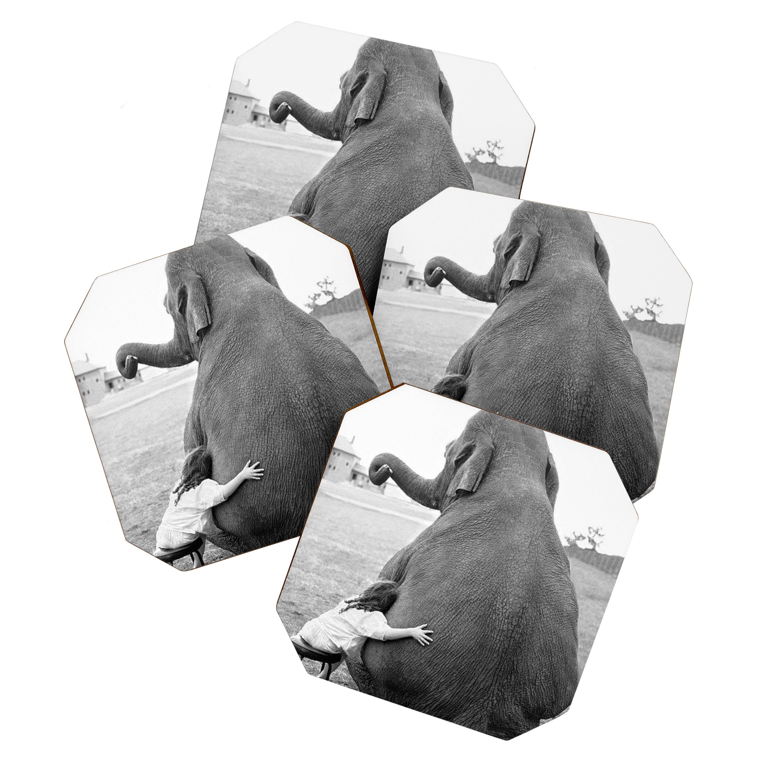 Odd Best Friends, Sweet Little Girl hugging elephant black and white photograph Coaster Gallery Image 1