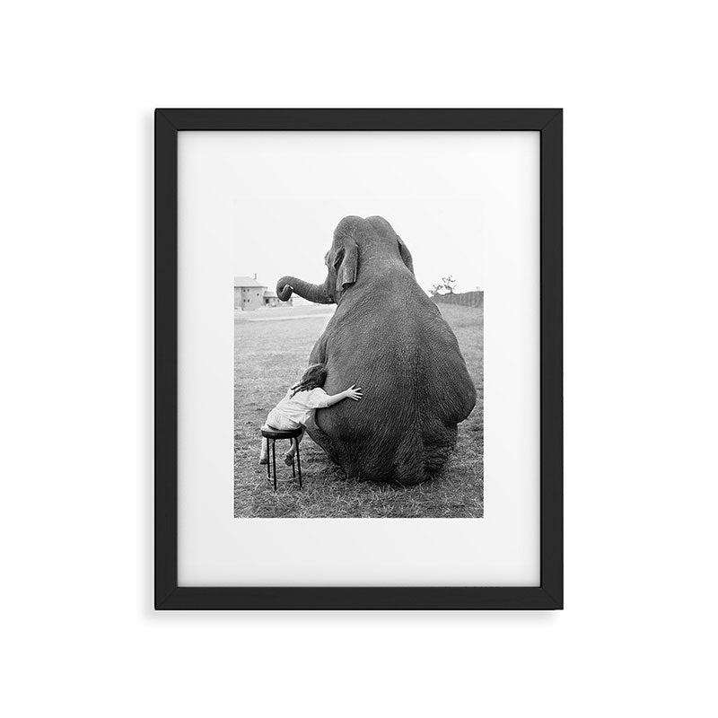 Odd Best Friends, Sweet Little Girl hugging elephant black and white photograph Framed Art Print Gallery Image 6