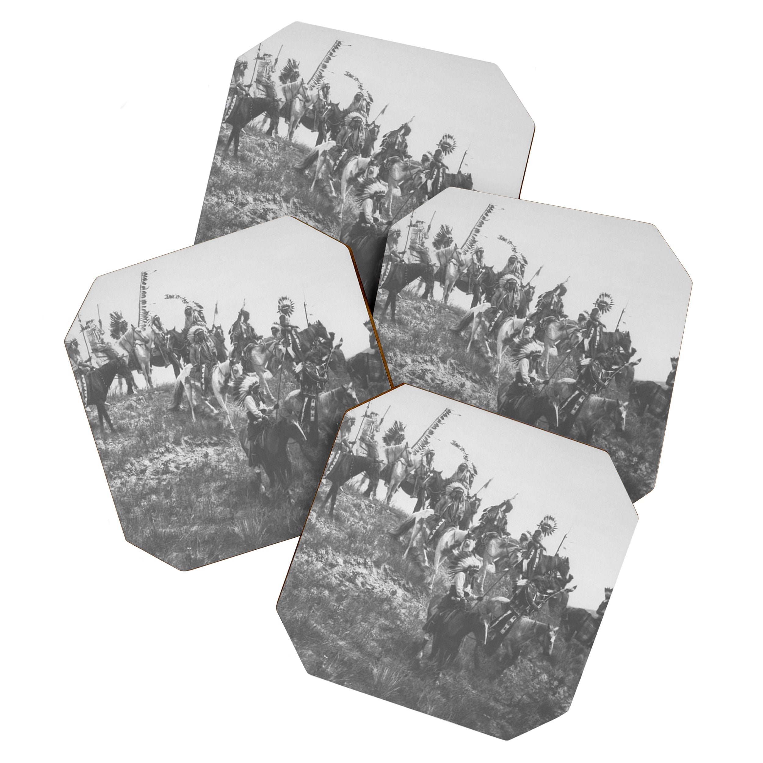 Oglala War Party Native American Oglala tribe in full headdress black and white photograph Coaster Gallery Image 1