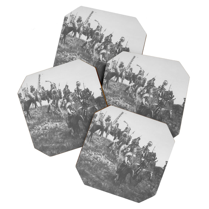 Oglala War Party Native American Oglala tribe in full headdress black and white photograph Coaster Gallery Image 1