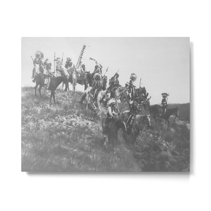 Oglala War Party Native American Oglala tribe in full headdress black and white photograph Metal Print Gallery Image 1