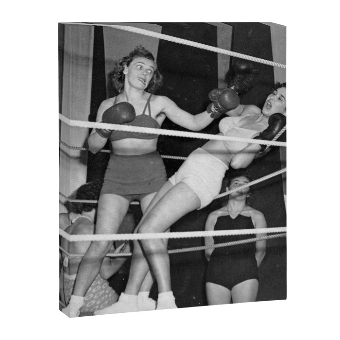 Oh, no she didn't! female boxer knocking out other female boxer vintage sports black and white photograph - photography - photographs Canvas Print Gallery Image 1