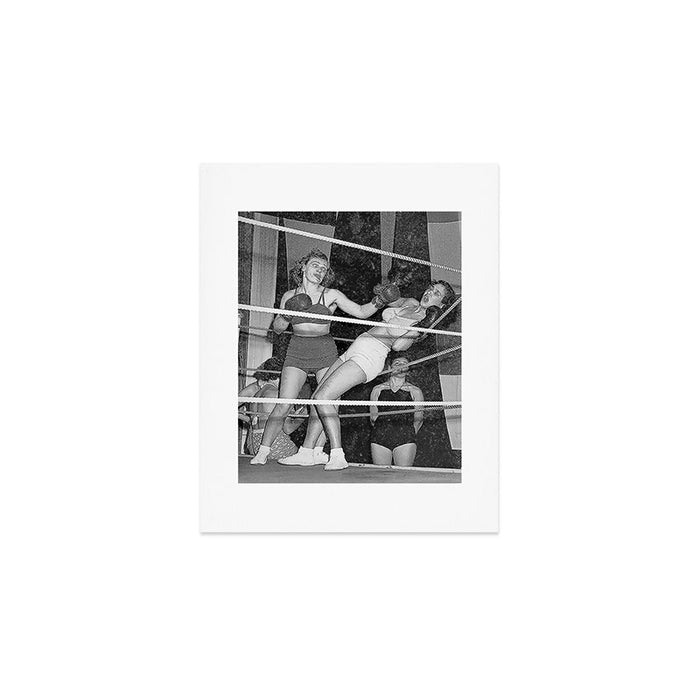 Oh, no she didn't! female boxer knocking out other female boxer vintage sports black and white photograph - photography - photographs Art Print Gallery Image 1