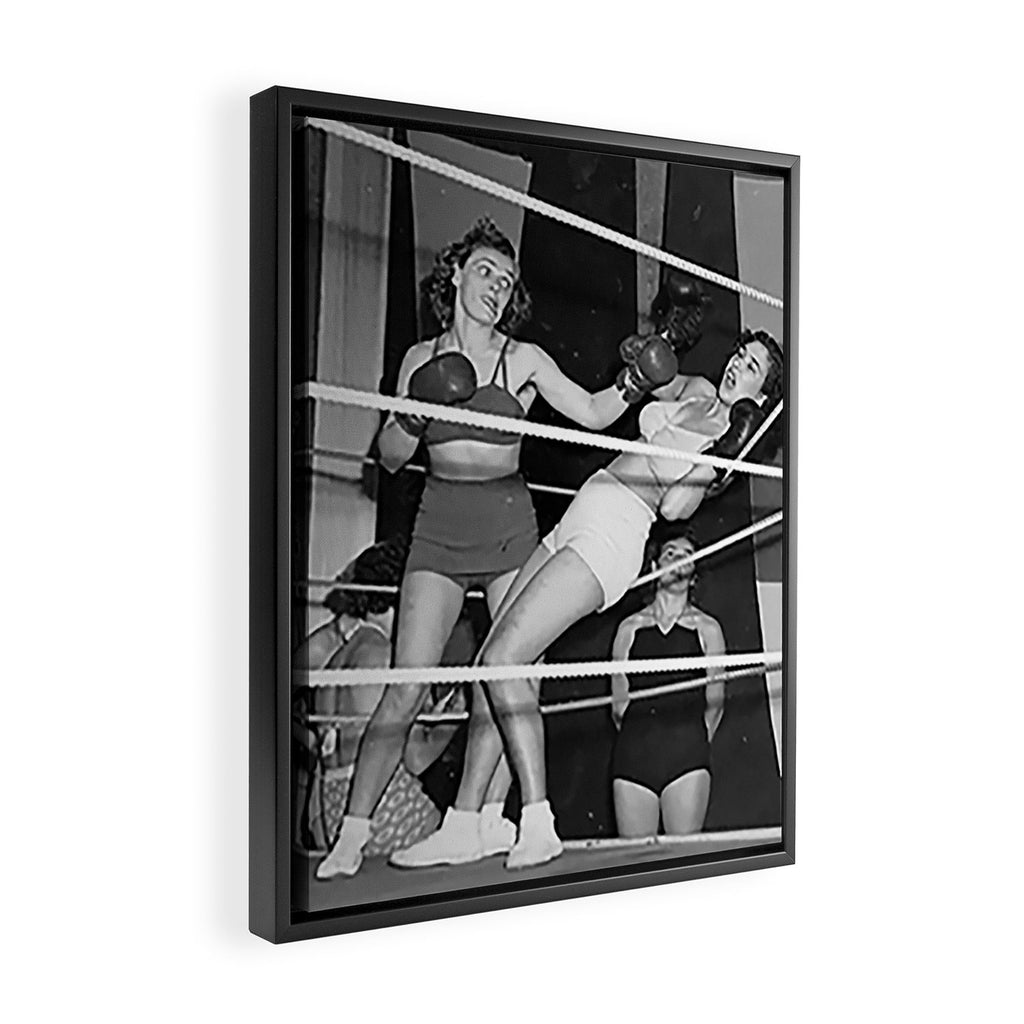 Oh, no she didn't! female boxer knocking out other female boxer vintage sports black and white photograph - photography - photographs Framed Canvas Print Gallery Image 2