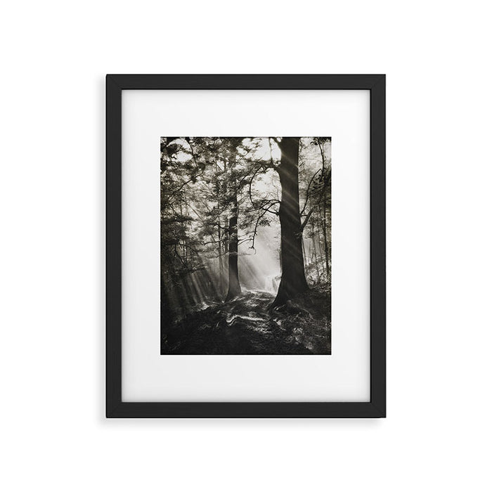 Pathway of light, sunlight and sunbeams in forest black and white photograph by J W Chapman Taylor Framed Art Print Gallery Image 1