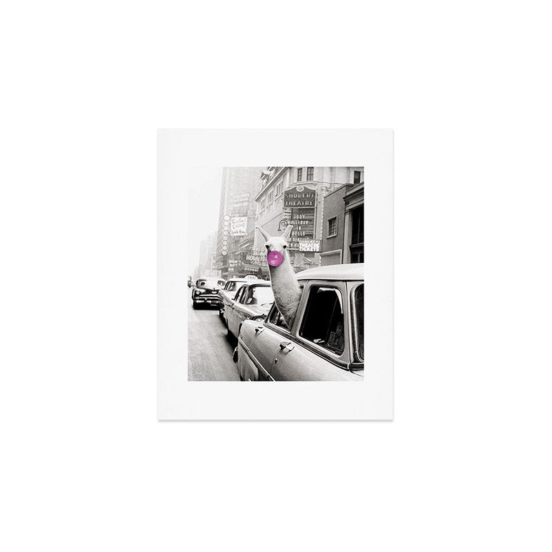Perfect Pink Bubble Gum Llama taking a New York Taxi black and white photograph Art Print Gallery Image 1
