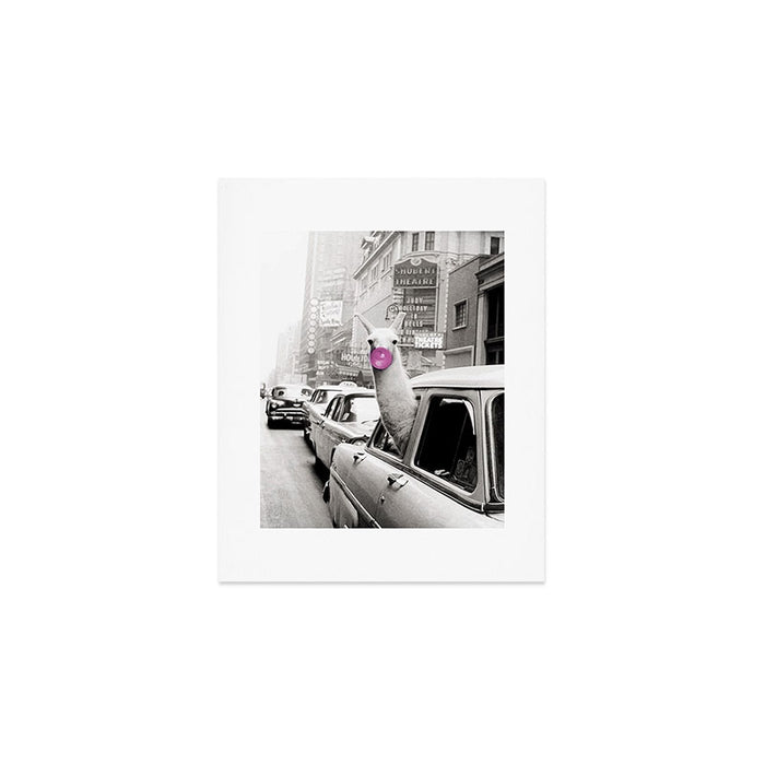 Perfect Pink Bubble Gum Llama taking a New York Taxi black and white photograph Art Print Gallery Image 1