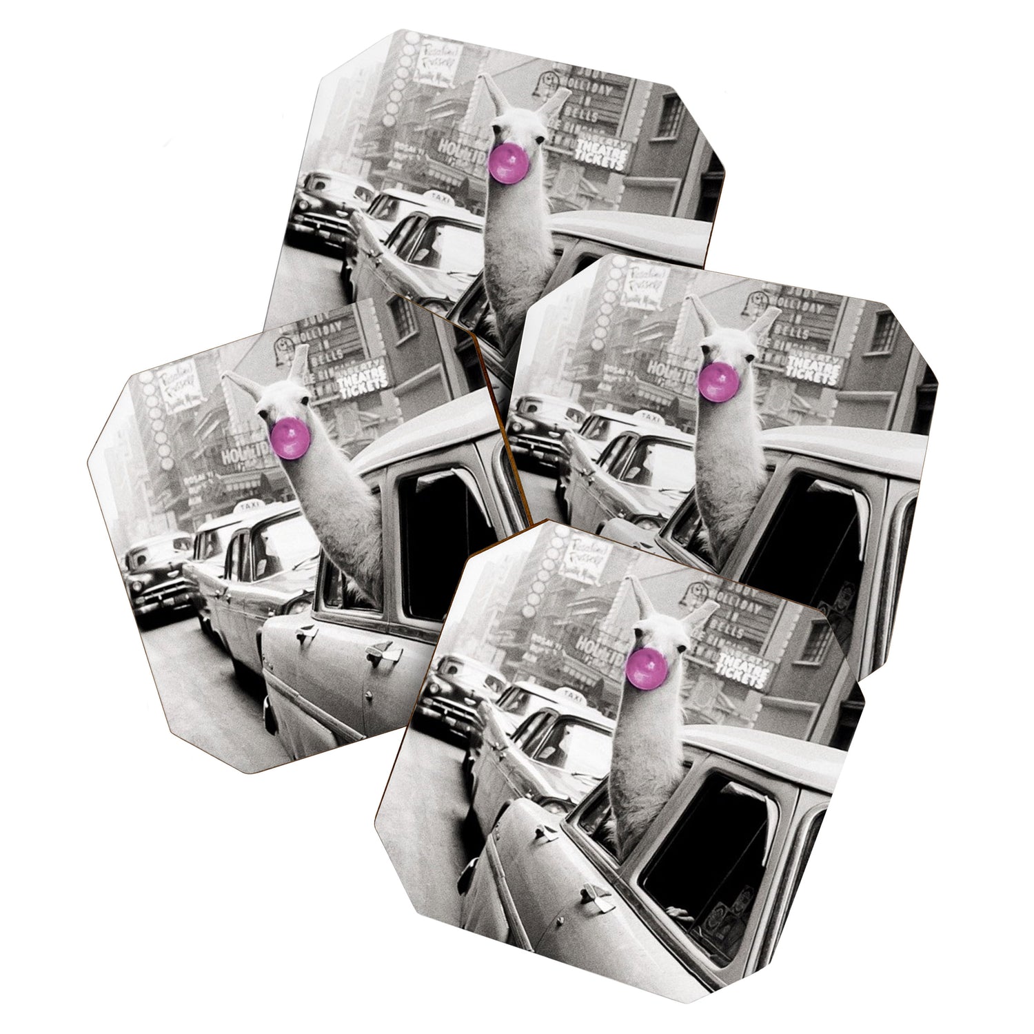 Perfect Pink Bubble Gum Llama taking a New York Taxi black and white photograph Coaster Gallery Image 1