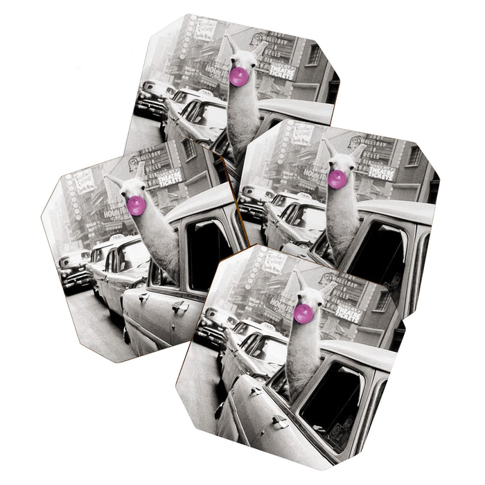 Perfect Pink Bubble Gum Llama taking a New York Taxi black and white photograph Coaster Gallery Image 1