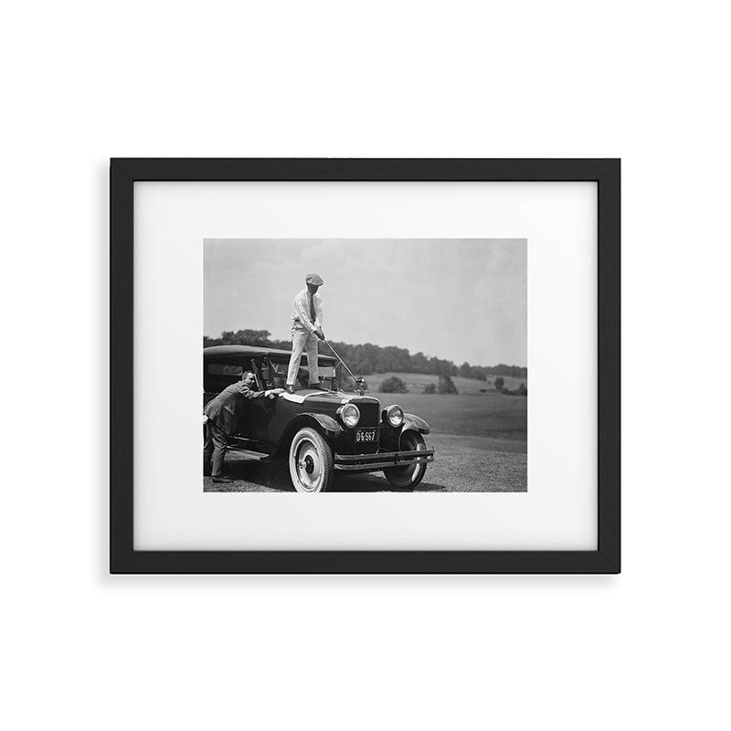 Pro golfer hitting golf ball off vintage car hood ornament on a dare par one 18th hole funny black and white golf sport photograph - photography - photographs Framed Art Print Gallery Image 6