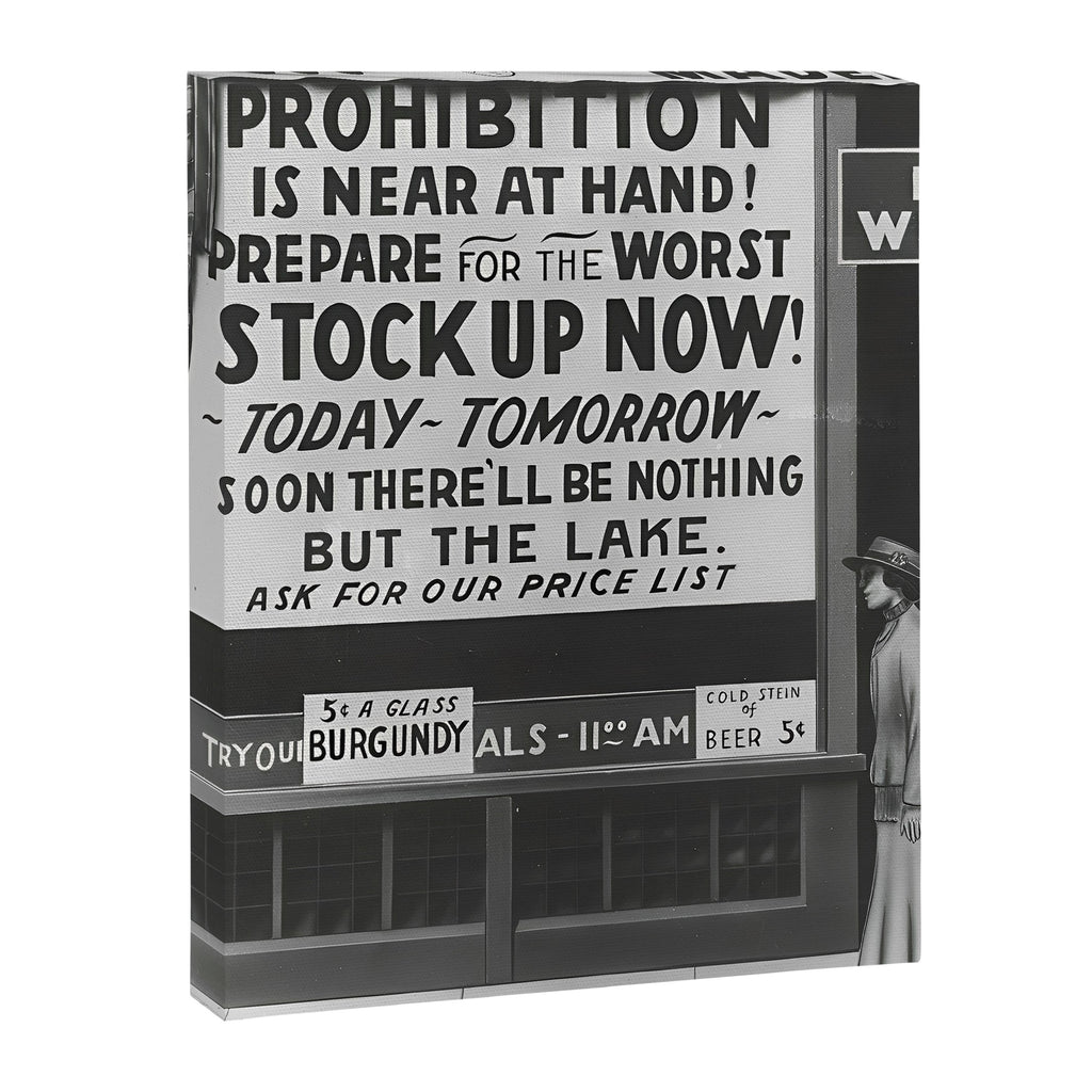 Prohibition restaurant advertising liquor and beer warning customers to stock up now on liquor and beer before prohibition goes into affect black and white illustration photograph - photography - photographs ad Canvas Print Gallery Image 8