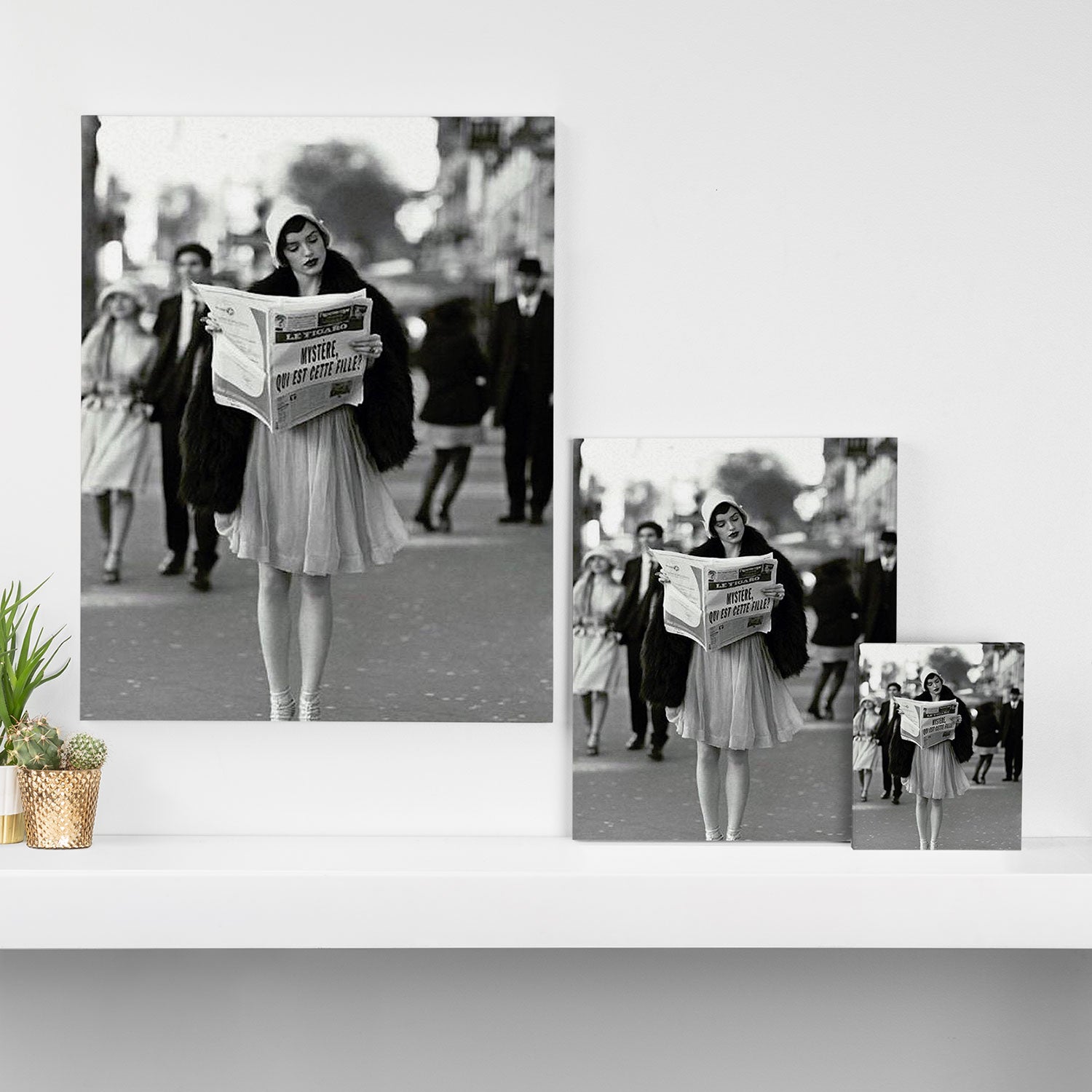 Roaring Twenties French Flapper Girl Reading Newspaper on the Street, Paris female portrait black and white photography - photographs Canvas Print Gallery Image 3