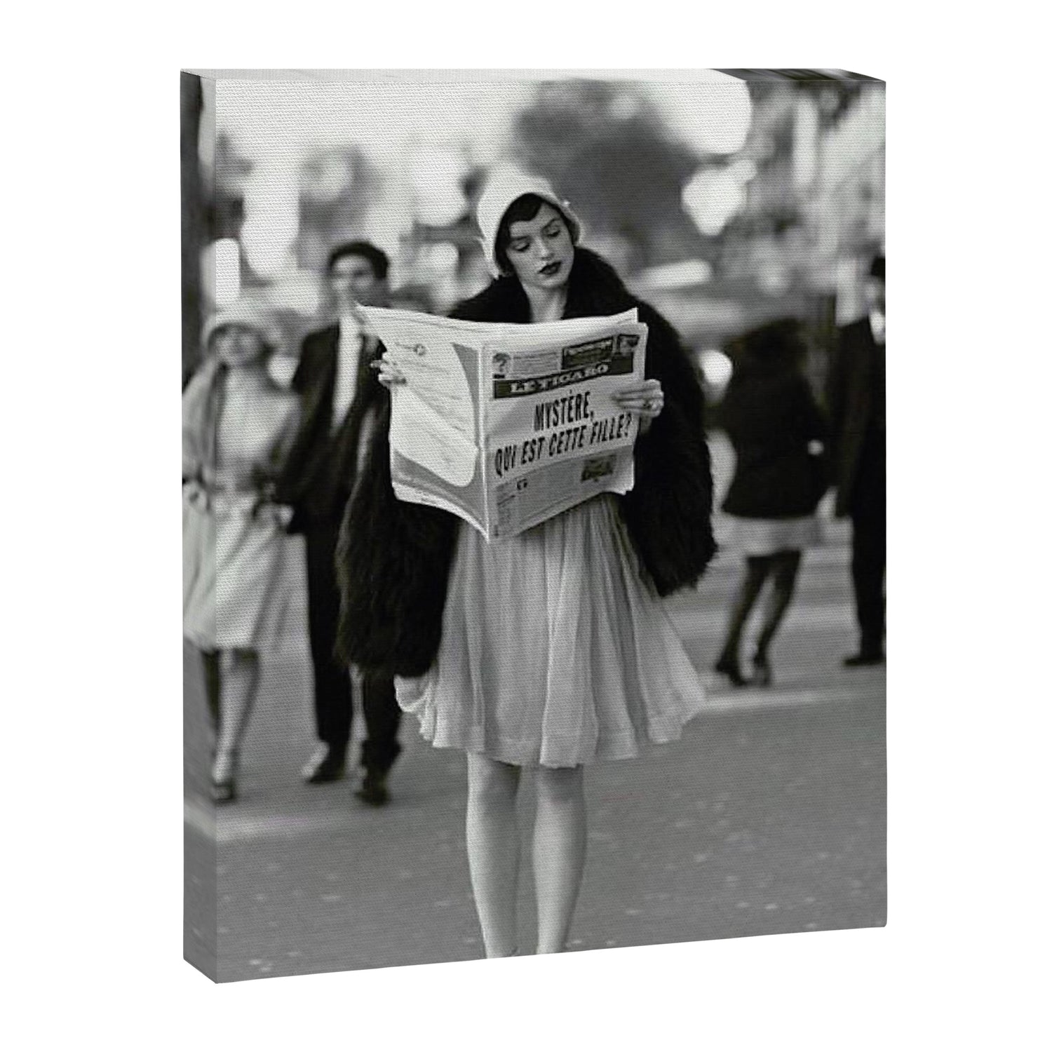 Roaring Twenties French Flapper Girl Reading Newspaper on the Street, Paris female portrait black and white photography - photographs Canvas Print Gallery Image 3