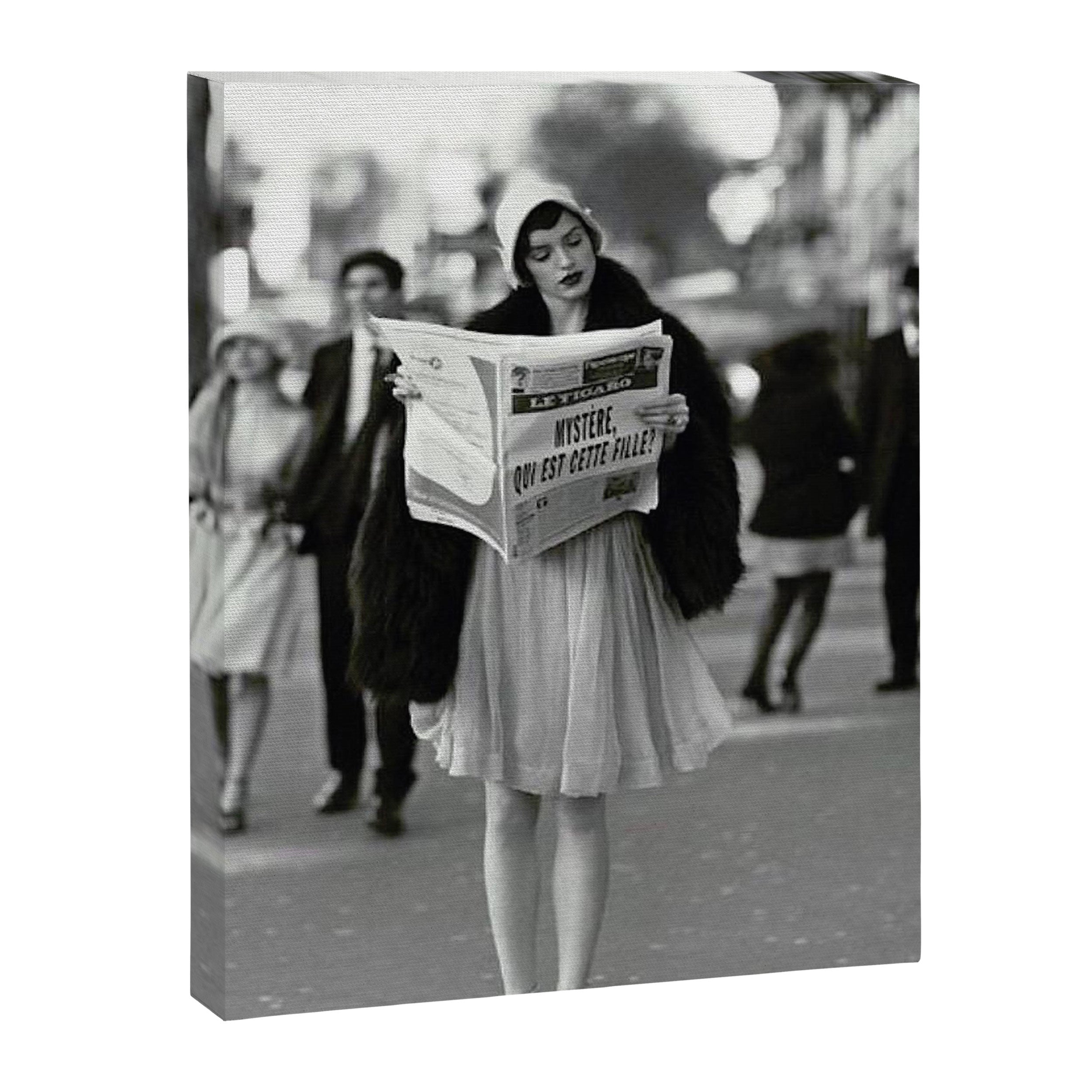 Roaring Twenties French Flapper Girl Reading Newspaper on the Street, Paris female portrait black and white photography - photographs Canvas Print Gallery Image 3