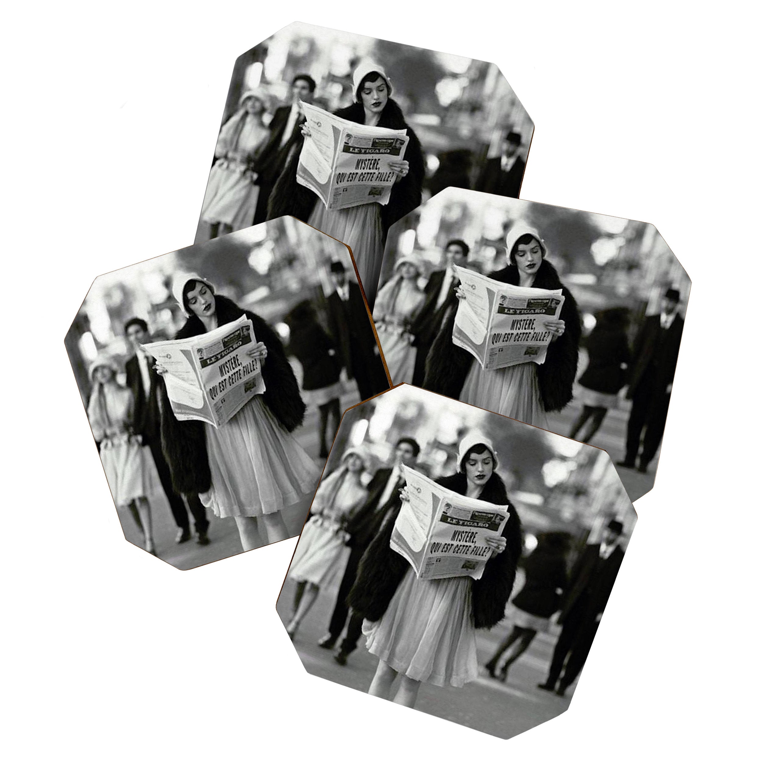 Roaring Twenties French Flapper Girl Reading Newspaper on the Street, Paris female portrait black and white photography - photographs Coaster Gallery Image 1