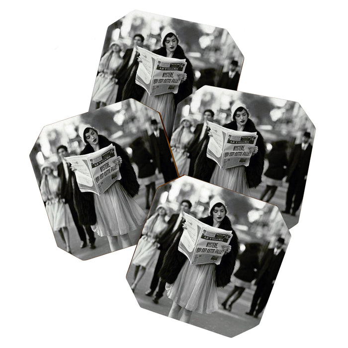 Roaring Twenties French Flapper Girl Reading Newspaper on the Street, Paris female portrait black and white photography - photographs Coaster Gallery Image 1