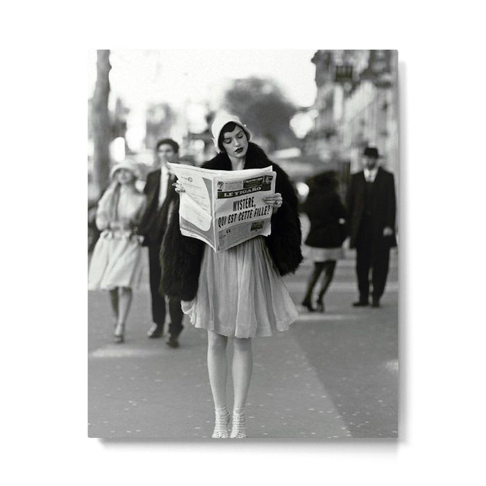 Roaring Twenties French Flapper Girl Reading Newspaper on the Street, Paris female portrait black and white photography - photographs Metal Print Gallery Image 1