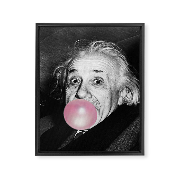 Satirical Bubble Gum Albert Einstein humour photography photograph blowing bubble gum bubble poster Framed Canvas Print Gallery Image 1