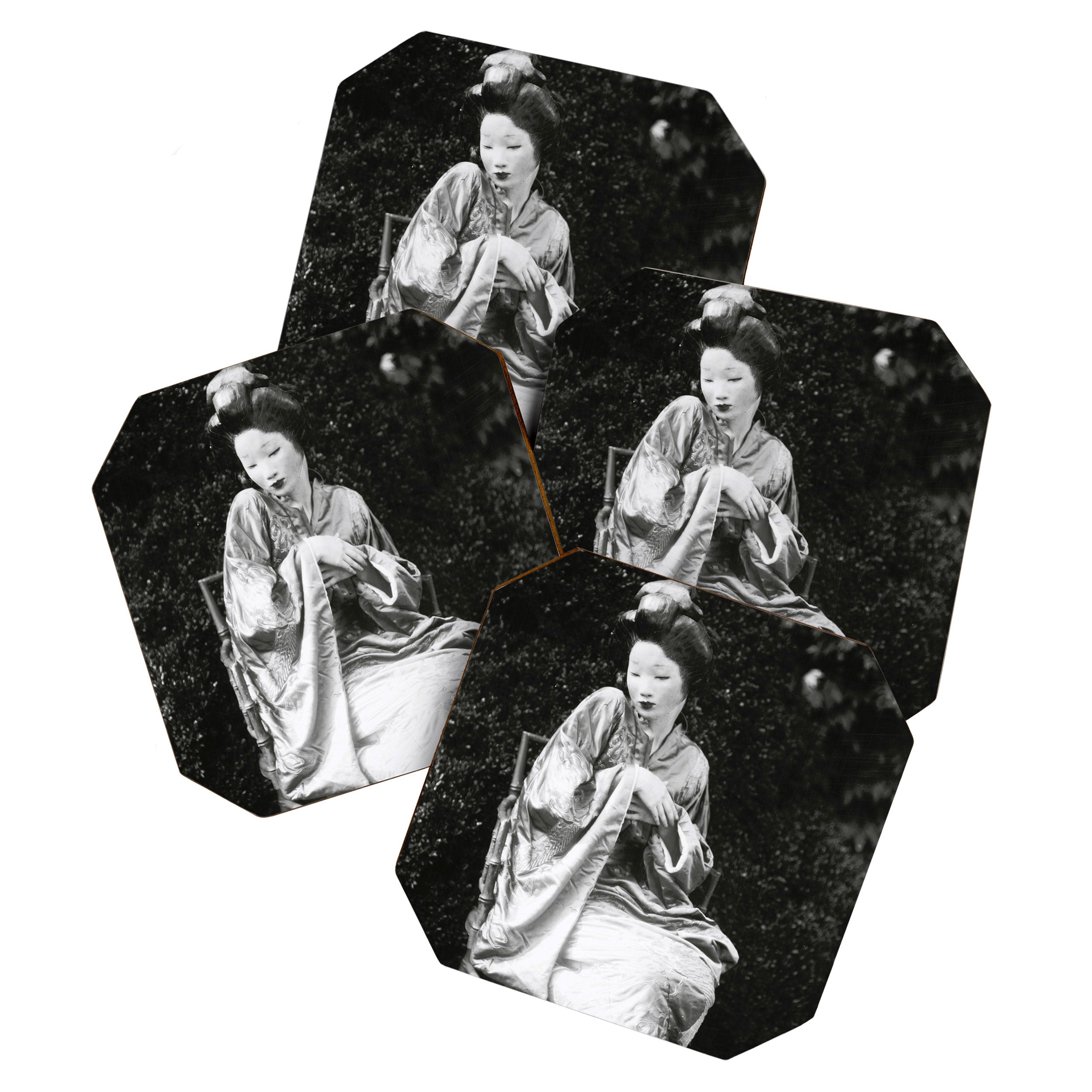 Seated Geisha with mask black and white vintage garden photograph still life by Arnold Genthe Coaster Gallery Image 1