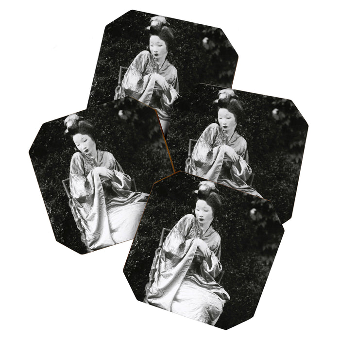 Seated Geisha with mask black and white vintage garden photograph still life by Arnold Genthe Coaster Gallery Image 1