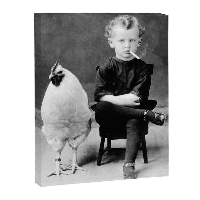Smoking Boy with Chicken black and white photograph - photography - photographs Canvas Print Gallery Image 1