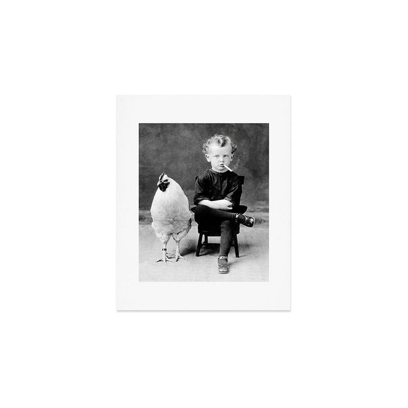 Smoking Boy with Chicken black and white photograph - photography - photographs Art Print Gallery Image 1