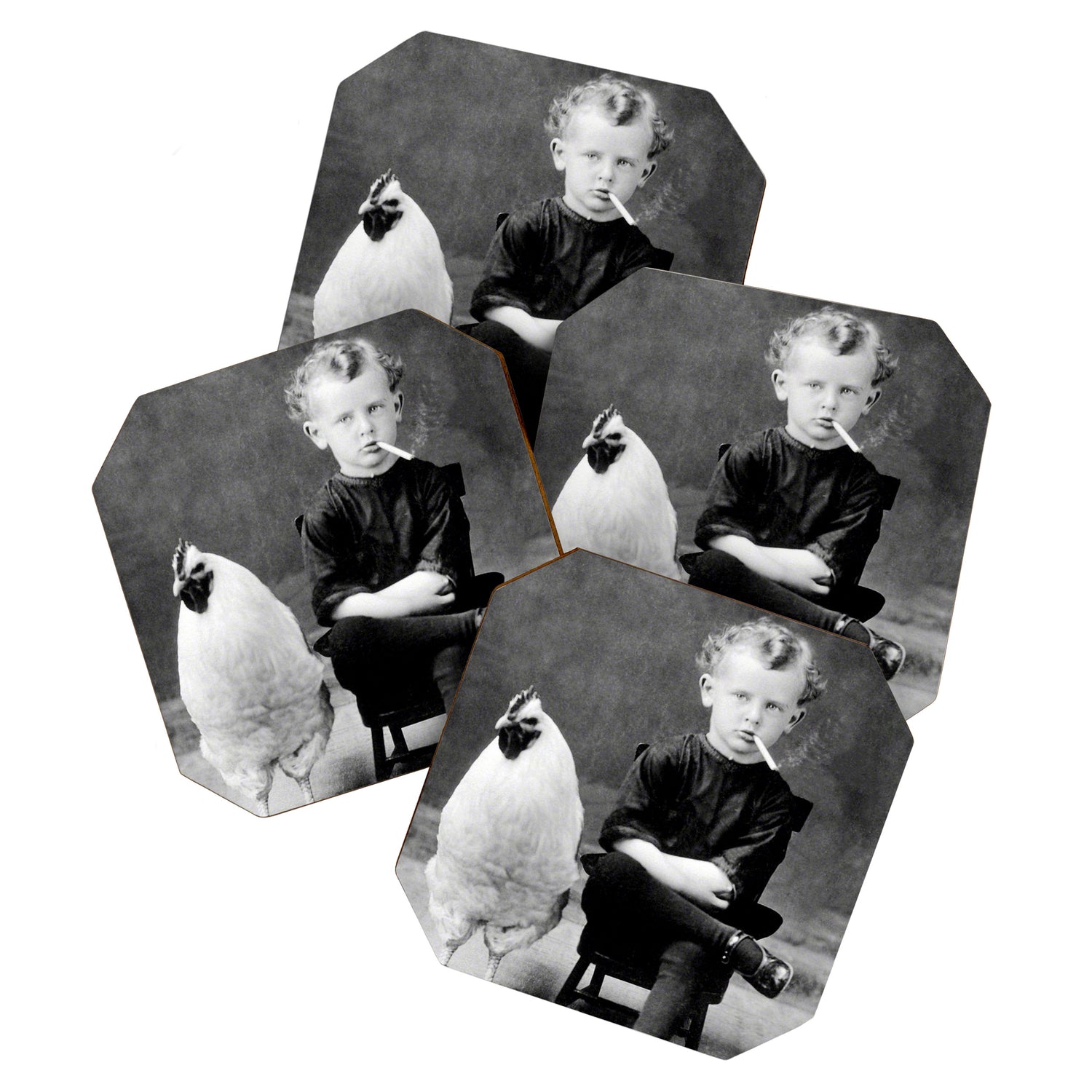 Smoking Boy with Chicken black and white photograph - photography - photographs Coaster Gallery Image 1