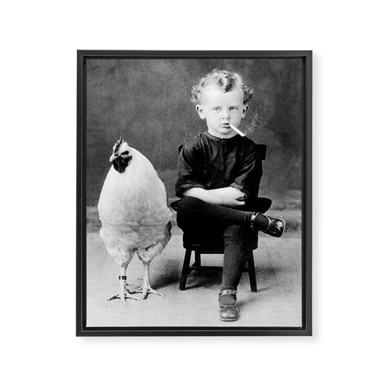 Smoking Boy with Chicken black and white photograph - photography - photographs Framed Canvas Print Gallery Image 8