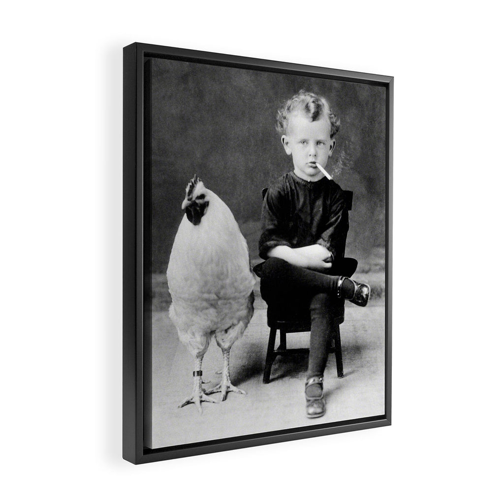 Smoking Boy with Chicken black and white photograph - photography - photographs Framed Canvas Print Gallery Image 2