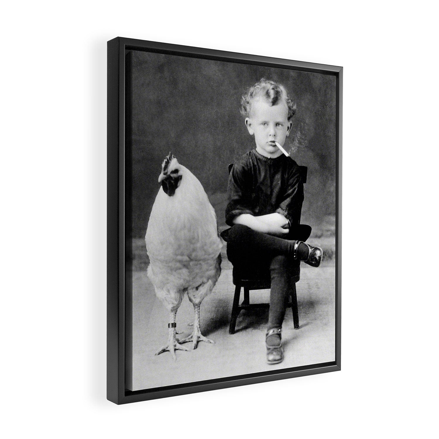 Smoking Boy with Chicken black and white photograph - photography - photographs Framed Canvas Print Gallery Image 2