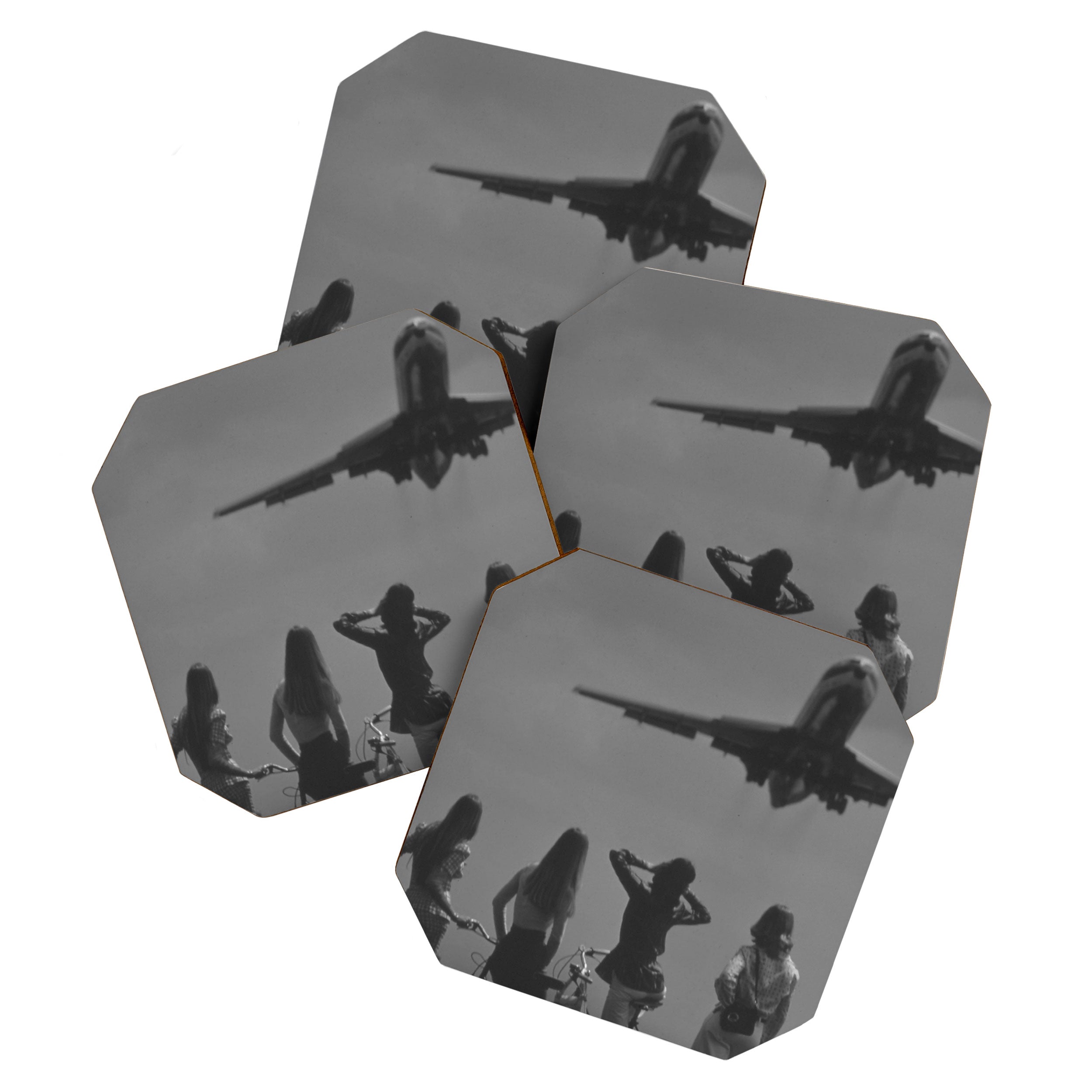 Steady As She Goes 31 aircraft coming in for a landing black and white photography- photographs Coaster Gallery Image 1