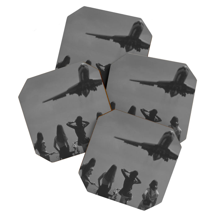 Steady As She Goes 31 aircraft coming in for a landing black and white photography- photographs Coaster Gallery Image 1