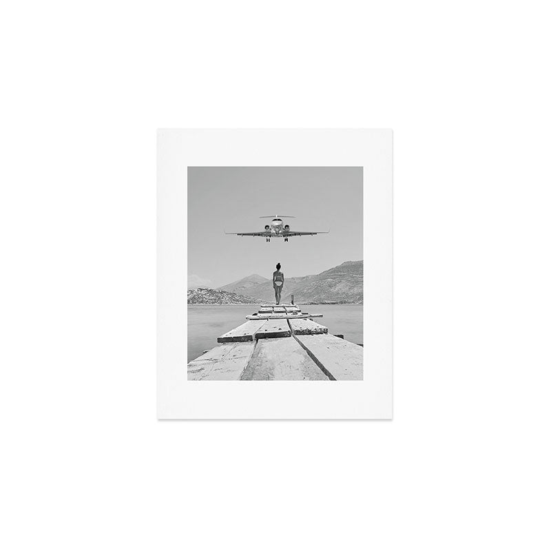 Steady As She Goes; aircraft coming in for an island landing black and white photography- photographs Art Print Gallery Image 1
