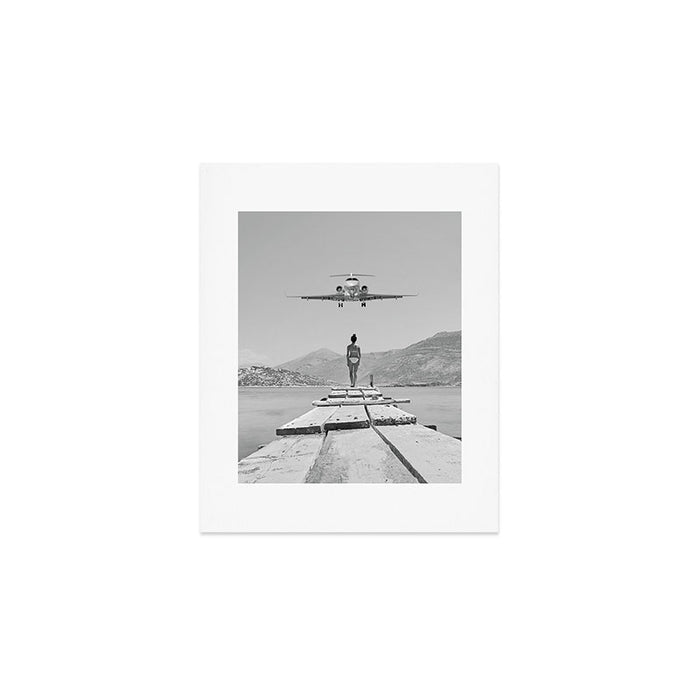 Steady As She Goes; aircraft coming in for an island landing black and white photography- photographs Art Print Gallery Image 1