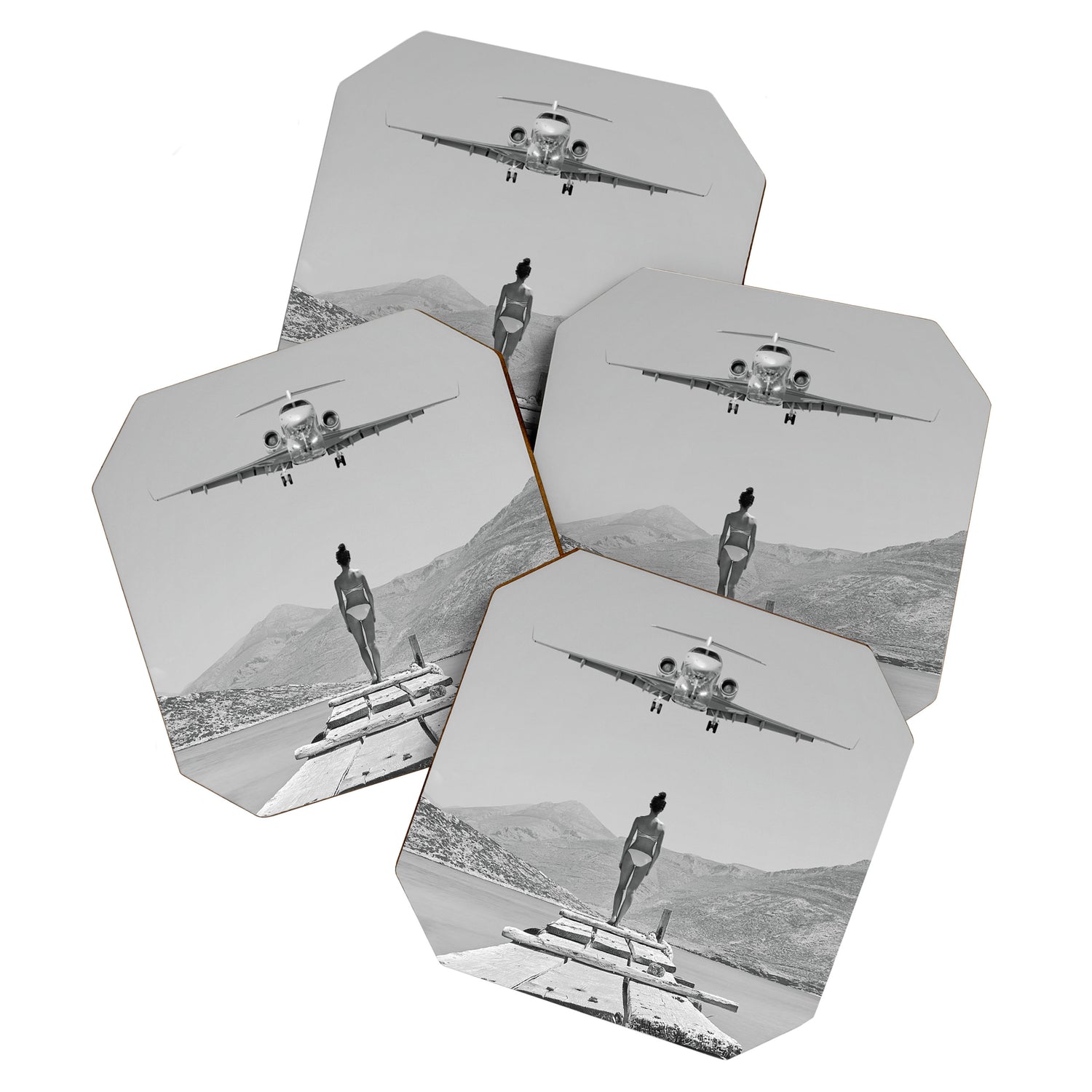 Steady As She Goes; aircraft coming in for an island landing black and white photography- photographs Coaster Gallery Image 1