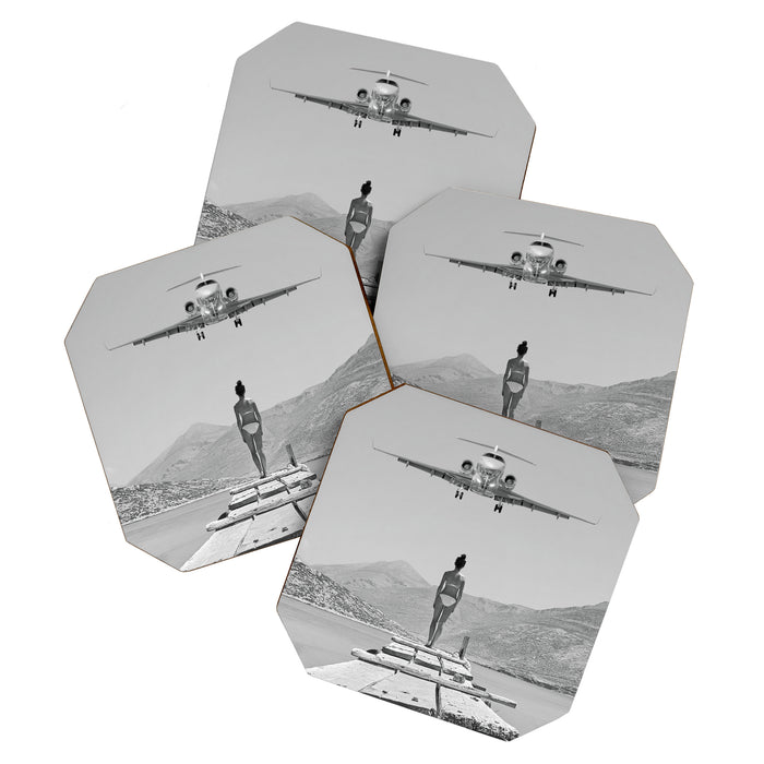 Steady As She Goes; aircraft coming in for an island landing black and white photography- photographs Coaster Gallery Image 1