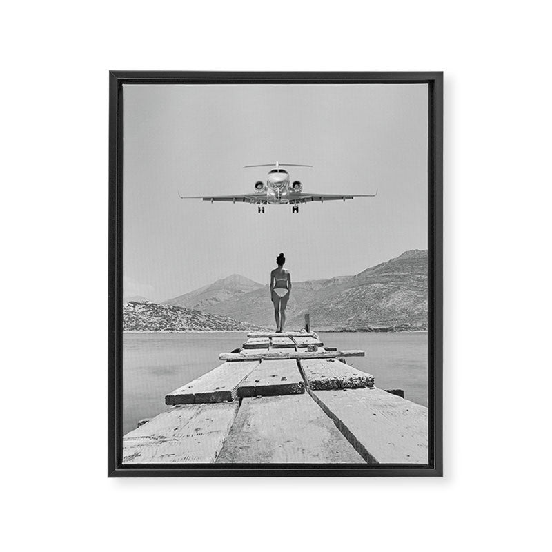 Steady As She Goes; aircraft coming in for an island landing black and white photography- photographs Framed Canvas Print Gallery Image 8