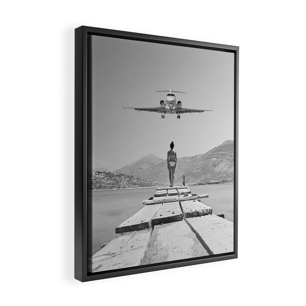 Steady As She Goes; aircraft coming in for an island landing black and white photography- photographs Framed Canvas Print Gallery Image 2